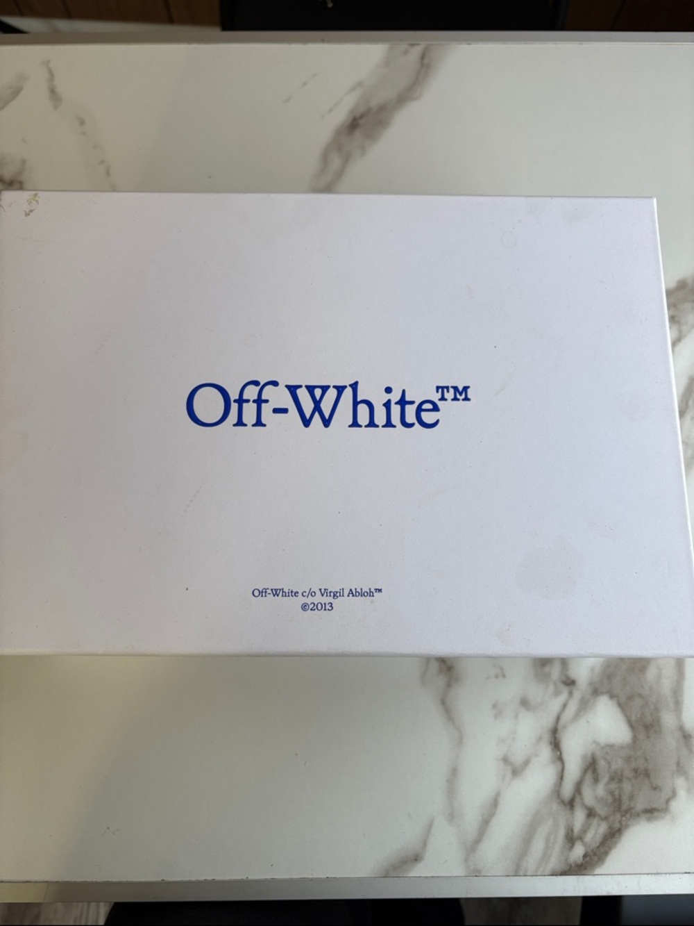 Off-White White Box with Blue Logo — Branded Lid